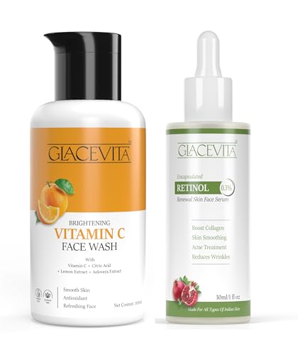 Image of GLACEVITA Women & Men Renewal Skin And Smooth Skin Combo Kit 0.3% Encapsulated Retinol Face Serum 30ml With Brightning Vitamin c Face Wash 100ml For Renewal Skin Reduces Wrinkles Skin Smoothing Acne Treatment With Sodium PCA Pomegranate Extrct Soy Extract All Types Of Skin.