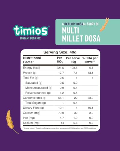 Image of Timios Organic Multi Millet Dosa Mix - Sprouted & Natural, Instant Healthy Breakfast for Kids & Family, No Maida, No Preservatives, Rich in Iron & Fiber, Pack of 2, 300gm