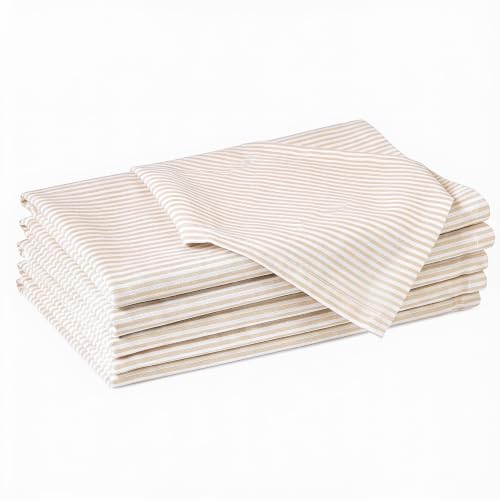 Image of Encasa XO Dining Table Napkins Set of 6, 45x45 cm | Machine Washable Reusable, Recycled Cotton Cloth Napkin, Soft & Absorbent, Table Decor for Hotels, Farmhouse - White & Ticking Beige
