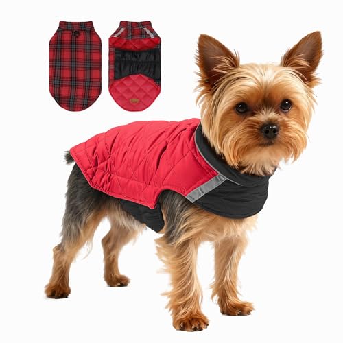 Quilted Dog Winter Coat, Plaid Lined Reversible Vest, Reflective Safety Strip, Cold Weather Pet Apparel Red XXS