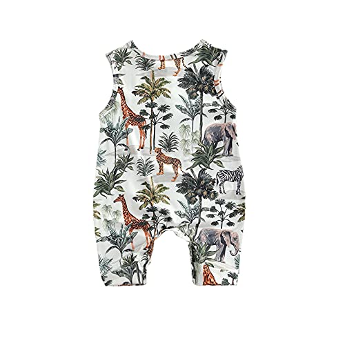 jiaoutky Newborn Unisex Baby Sleeveless Romper Casual Forest Animal Tree Print Button Front One-Piece Jumpsuit (Giraffe, 12-18 Months, 12_months)