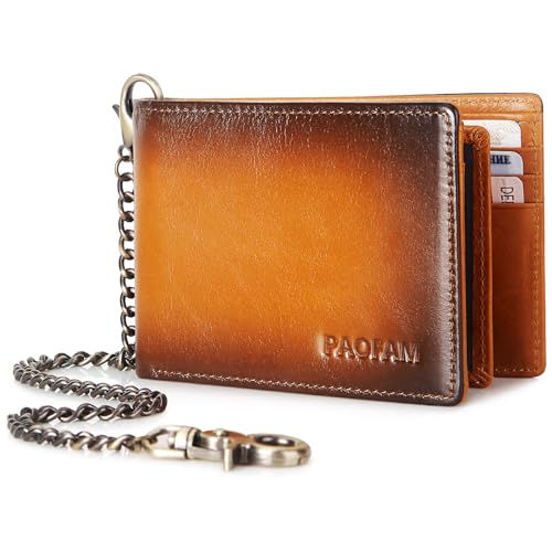 Chain Wallets for Men, Genuine Leather Purse RFID Blocking Bifold Wallet with Wallet Chain, Pickpocket Proof Slim Chain Wallet for Men (Yellowish brown)