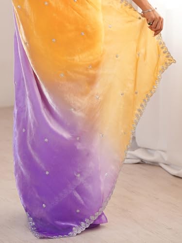 Image of AKHILAM Women's Shimmer Satin Sequence Embroidery Saree With Unstitched Blouse Piece(AARYAN21701 KR Parent)