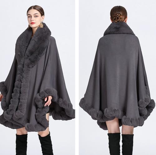 Image of Women Poncho Cape Faux Fur Collar Knitted Cardigan Sweater Batwing Long Sleeve Shawl Wrap Coat Oversized Cloak