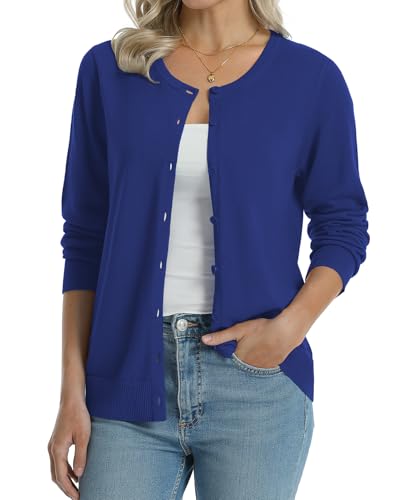 QUALFORT Women's Crewneck Cardigan Sweater 100% Cotton Relaxed Fit Lightweight Button Down Outerwear Royal Blue X-Large
