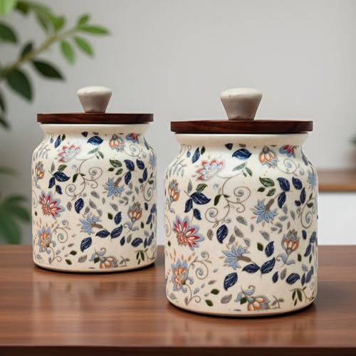 Image of Vistas 'Blue Bloom' Airtight 420ml Set of 3 Ceramic Jar for Kitchen Storage | Handcrafted Ceramic Barni with Wooden Lid | Multipurpose Pickle, Spice & Salt Container