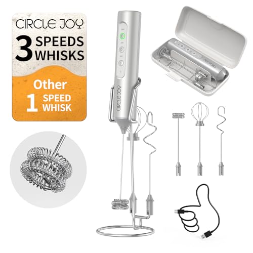 Image of CIRCLE JOY Rechargeable Handheld Milk Frother Wand with Stand, 3 Variable Speeds, 3 Whisks and Storage Box, Electric Drink Mixer for Latte, Cappuccino, Hot Chocolate, Eggs and Protein Powder, Silver