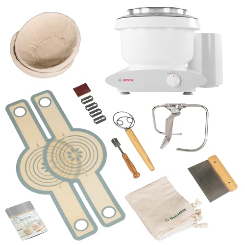 Bosch Universal Plus Stand Mixer with Sourdough Bundle Pack 500 Watt, 6.5 Quarts with Wire Whips, Dough Hook, NutriMill Dough Hook, and Sourdough Starter Bundle
