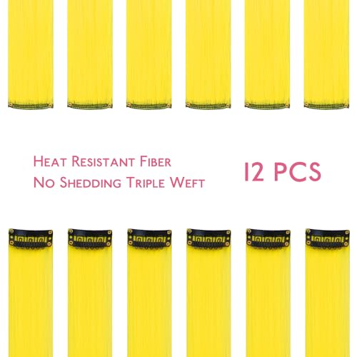 Image of WENNALIFE 12 PCS Yellow Hair Extensions Clip in, Colored Clip in Hair Extensions for Kids Highlights Rainbow Hair Clips for Girls Synthetic Straight Pop-up Style Colorful Girls Hair Accessories