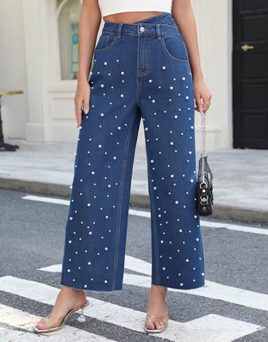 Kedera Womens High Waisted Pearl Jeans Casual Embellished Jeans Crossover Straight Leg Denim Pants with Raw Hem3