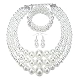 Todu 80s Jewelry Set Chunky Multilayer White Pearl Beaded Necklaces Bracelets Earrings for Women Christmas Party Costume Accessories