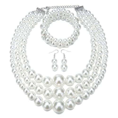 Todu 80s Jewelry Set Chunky Multilayer White Pearl Beaded Necklaces Bracelets Earrings for Women Christmas Party Costume Accessories