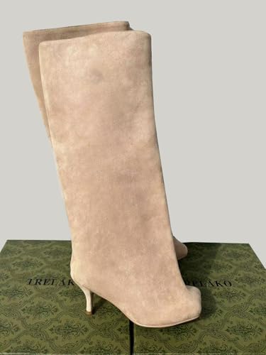 Women's Knee High Boots Nude Suede Wide Calf Stiletto Long Booties Square Toe Pull On High Heel Riding Boots for Women Ladies Fahion Dress Tall Boots3