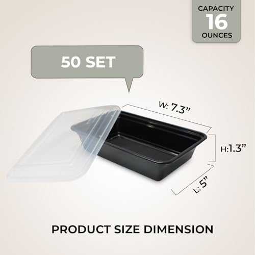 Klex 16 Oz, 50 Sets Meal Prep Containers with Airtight Lids, BPA Free, Reusable Plastic Food Container, 16 oz, Round, Black/Clear, 50 Sets - Thumbnail 5