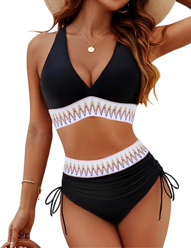 Image of Blooming Jelly Women High Waisted Bikini Tummy Control Color Block Swimsuits Two Piece Bathing Suit (L, Black)