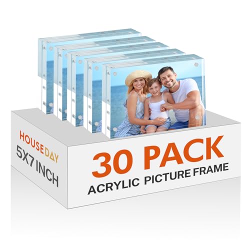 Image of HOUSE DAY Acrylic Picture Frames 5x7, 30 Pack Magnetic 5x7 Picture Frame, Double Sided Clear 5 x 7 Photo Frame with Microfiber Cloth, Frameless FreeStanding 5x 7 Frame Gift for Desktop Display