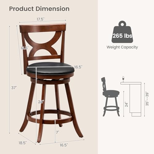 COSTWAY Butaco Set de 2, Sillas giratorias de 24 pulgadas con cojín suave y respaldo hueco elegante, reposapiés de madera de caucho, taburetes giratorios tapizados para isla de cocina, pub, café miniatura 3