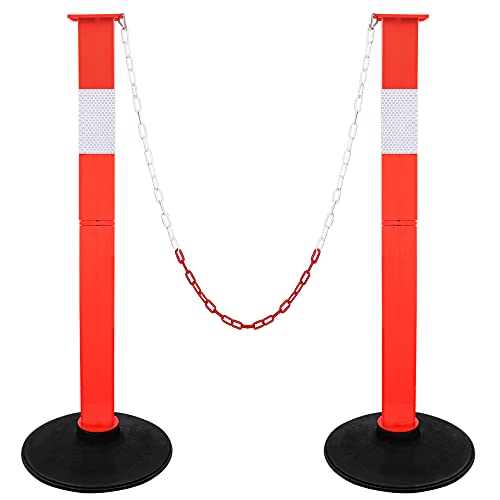Traffic Delineator Post with Weighted Base & Reflective Collars Adjustable Parking Cones with 4 FT Chains Portable Orange Driveway Barrier Pole for Traffic Crowd ControlPatented