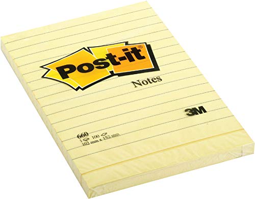 Post-it Notes oryginalne podkładki w kolorze kanaryjskim żółtym, 3 x 3, w linie, 100/podkładka, 6 padów/opakowanie