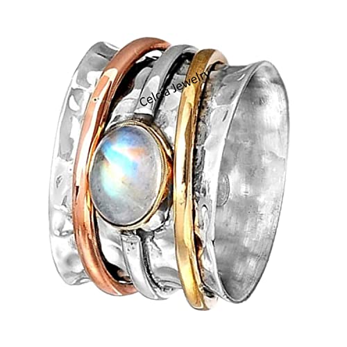 Bague pierre de lune arc-en-ciel artisanale martelée en argent délicat taille 9
