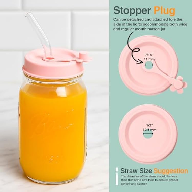 Lelife Silicone Mason Jar Lids, Regular and Wide Mouth Compatible, with Straw Hole and Stopper (light color 4pcs)