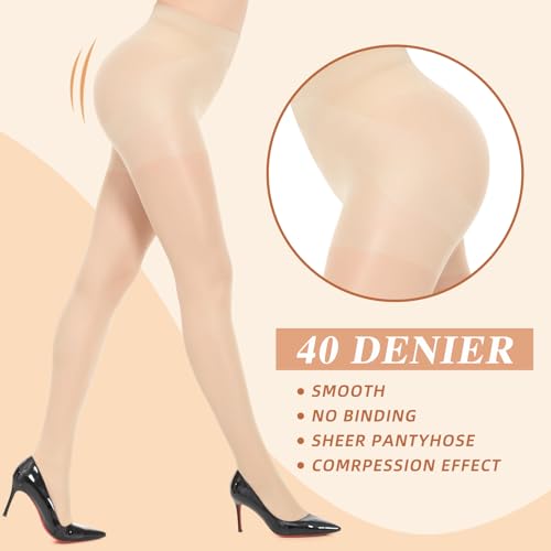 Image of MANZI 2 Pairs Women's Sheer Tights 40D High Waist Control Top Pantyhose Thigh High Stockings with Reinforced Toes