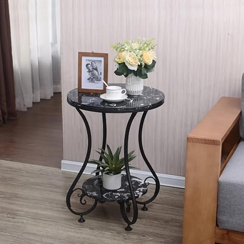 Image of Modern Double-Top Coffee Table with Rustic Farmhouse Accent, Multipurpose Living Room Bedroom, Two-Tier Small Sofa Side Bedside Table with Metal Frame Nightstand (Black)