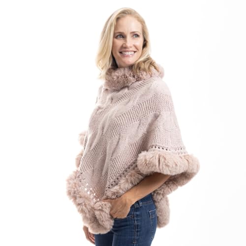 Cozy Luxurious Faux Fur Trim Cable Knit Poncho - One Size Fits All3