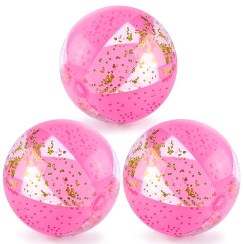 POPLAY 16 Inch Inflatable Beach Ball, 3 Pack Glitter Beach Balls Pool Toys with Confetti Sparkling Balls for Kids Toddlers Adults Summer Pool Party Favors
