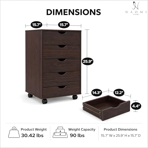 Image of Naomi Home Under Desk Office File Cabinet with 5 Drawers, Rolling Storage Organizer with Lockable Wheels, Handle-Free Design & Spacious Top Surface, Compatible Cabinet for Home Office - Espresso