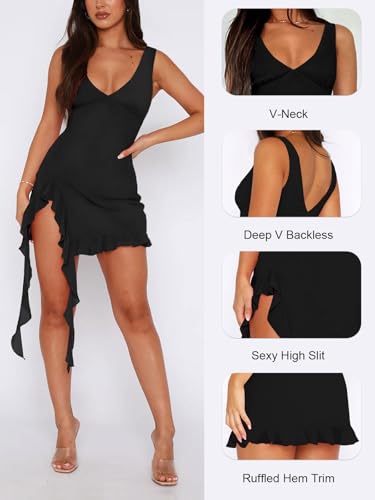Womens Sexy Deep V Neck Mini Dress for Women Y2K Side Slit Going Out Cocktail Wedding Party Ruffle Short Dresses3