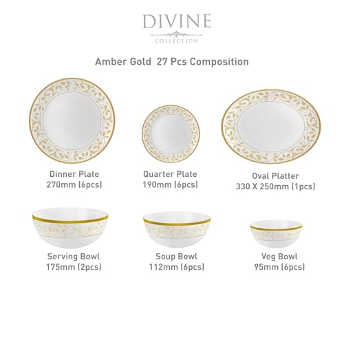 Image of Cello Opalware Divine Series Amber Gold Dinner Set, 27 Units | Opal Glass Dinner Set for 6 | Crockery Set for Festive Ocassions, Parties | White Plate and Bowl Set,Floral