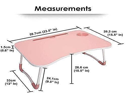 Image of Foldable Wooden Mini Laptop Table for Bed, Study Table with Drawer, Tablet /Mobile Holder for Kids & Adults (PINK 1)