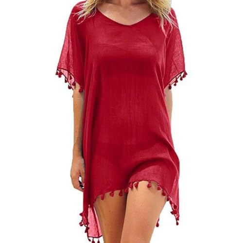 Damen Strandkleid Sommer Bikini Cover Up Badeanzug Sommerkleider V-Ausschnitt Strandponcho Bademode Strand Vertuschen Shirt (Rot, Einheitsgrösse)