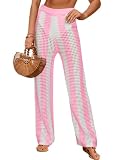 Fisoew Womens Crochet Cover Up Pants Striped High Waisted Sexy Sheer Mesh Knit Summer Beach Swimsuit Coverup Pants Pink and White