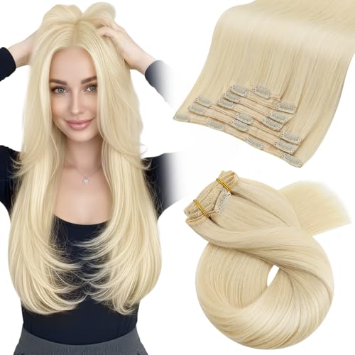 Image of Moresoo Long Blonde Clip in Hair Extensions 24 inch Golden Platinum Blonde Real Human Hair Extensions Clip ins Remy for Women Long Straight 120g /7pcs 24 inch