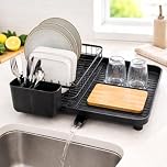 ToughHub Dish Drainer Rack Extendable for Kitchen Counter & Sink – Dish Drying Rack with Drainboard, 360° Swivel Spout, Utensil Holder, Large Capacity Anti-Rust Metal Dish Rack, Black