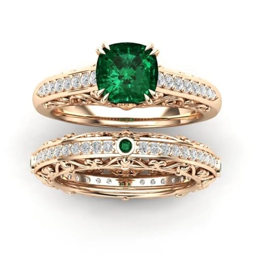 Solid 10K 14K 18K Gold Gemstone Engagement Ring Set for Women 2.0CT Cushion Cut Lab Created Gemstone Ring Set with Moissanite Bridal Wedding Band Promise Ring Set Jewelry Gift for Her