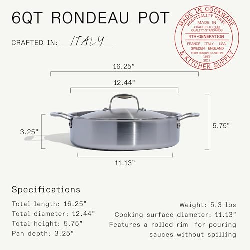 Image of Made In Cookware - 6 Quart Stainless Steel Rondeau Pot w /Lid - 5 Ply Stainless Clad - Professional Cookware - Crafted in Italy - Induction Compatible