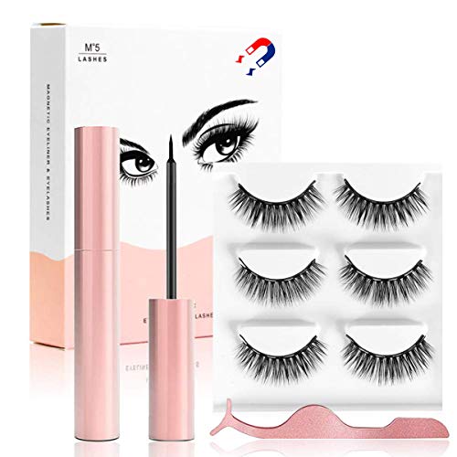 Magnetic Eyelashes and Eyeliner Kit,3 Pairs Reusable Magnetic Lashes Magnetic Eyeliner with Tweezers by Aooba
