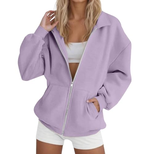 Rtdyvyuhb Zip Up Sweatshirt Women No Hood Long Sleeve Jacket Collar With Pockets Casual Loose Streetwear Athletic Sweatshirts Purple