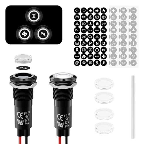 FILN-2PCS LED Indicator Lights Includes 180 Replacement Symbols 12V 24V 12mm Mounting Holes IP67 Waterproof Metal Pilot Lights for Cars Boats Industrial Panels Dashboards(White LED Light)