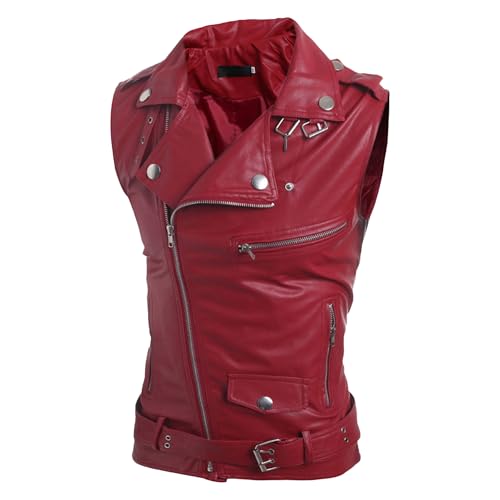 Men's Multi-Zipper Lapel Short Leather Vests Slim Fashion Leather Vest Irregular Personalized Biker Leather Jacket (Red,Large)