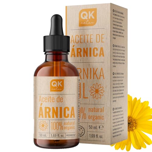 QKnatur Aceite de Árnica Montana 100% Puro y Orgánico – Aceite de masaje natural para alivio del dolor, tensión y cansancio muscular en cuello, hombros y espalda – Botella de vidrio 50 ml