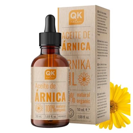 QKnatur Aceite de Árnica Montana 100% Puro y Orgánico – Aceite de masaje natural para alivio del dolor, tensión y cansancio muscular en cuello, hombros y espalda – Botella de vidrio 50 ml