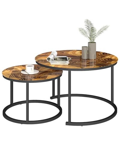 Amveya Lot de 2 tables basses rondes - Table basse ronde avec motif bois marron - Table basse en verre avec cadre noir - 70 + 50 cm