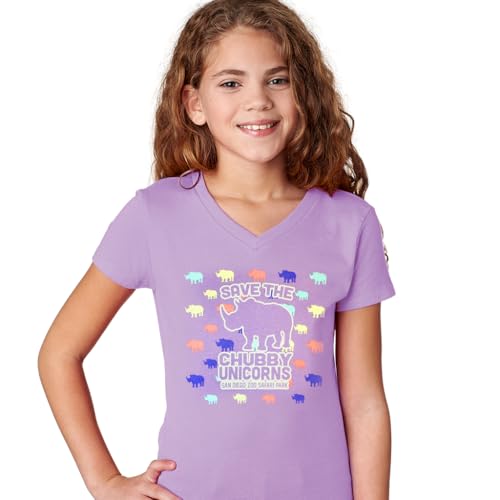 San Diego Zoo Save The Chubby Unicorns Girls' V-Neck Tee, Lavender with Multi-Print Rhino Design, Youth Slim-Fit T-Shirt2