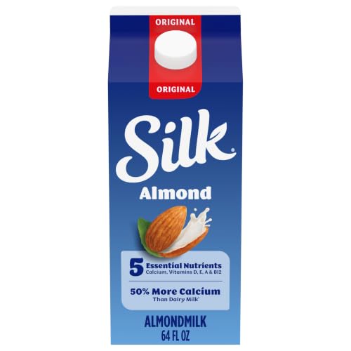 Silk Almond Milk, Original, Dairy Free, Gluten Free, Seriously Creamy Vegan Milk with 50% More Calcium than Dairy Milk, 64 FL OZ Half Gallon