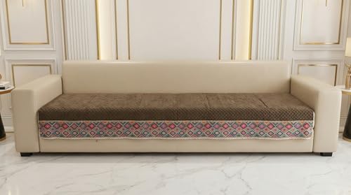 Image of Velvet Quilted Sofa Cover Mat Seat & Back, L Shape 4+3, Main L90in Chaise L69in H32in, Brown Color,Anti Skid Backing, 6in Hanging Strap Design, Washable Sof, Style -Brown-L43