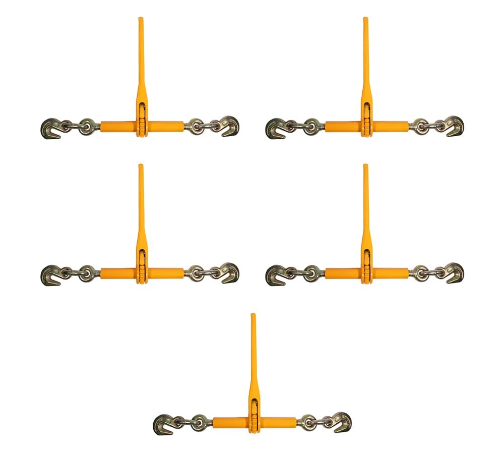 Mytee Products 5 Pack 5/16" - 3/8" Heavy Duty Ratchet Lever Load Binder w/Grab Hooks 7100 Lbs Working Load Limit - Yellow | Tie Down Hauling Chain